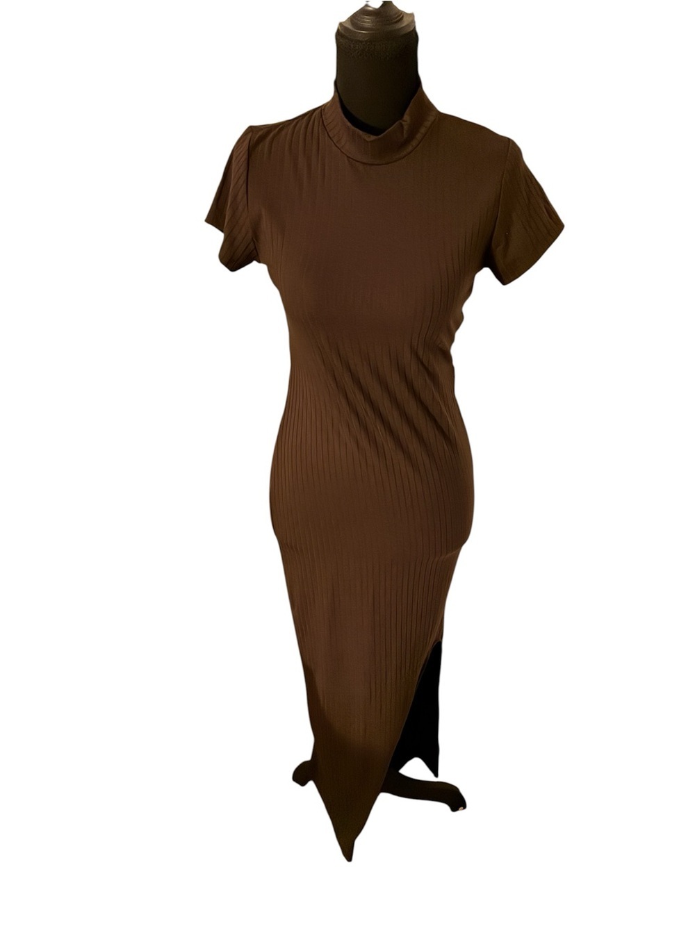 Brown Ribbed Short-Sleeve Dress